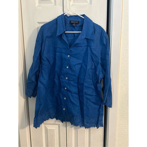 Jones New York 100 % Linen Embroidered Floral Button Down Shirt Blue 3X Plus - Picture 9 of 9